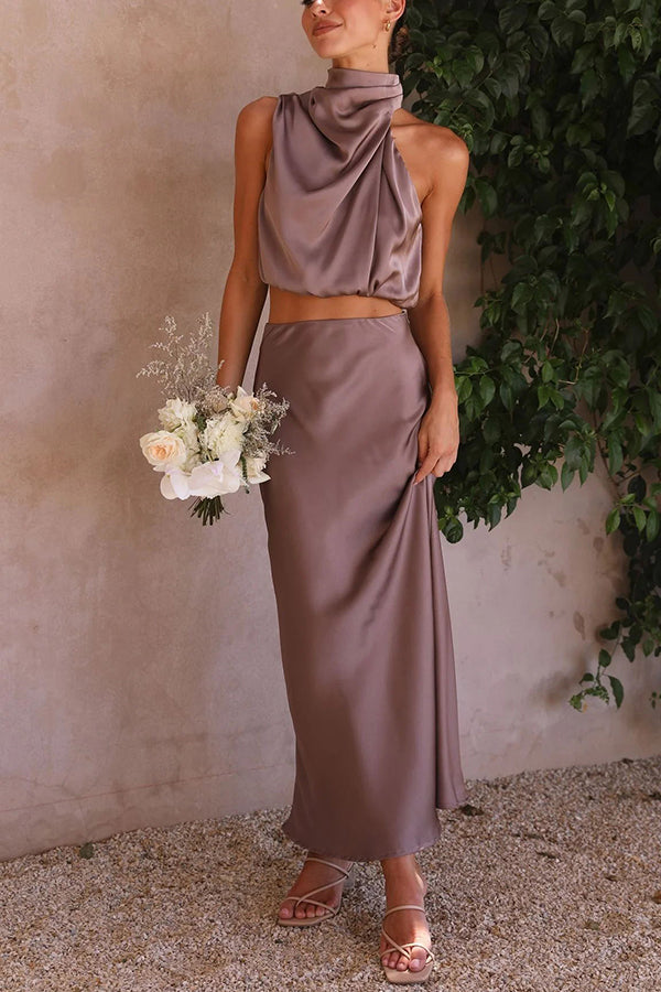 Skirt and Top Set | High Neck | Maxi Skirt | Satin Co-Ord | Women's Two-Piece Set-Grace Aura