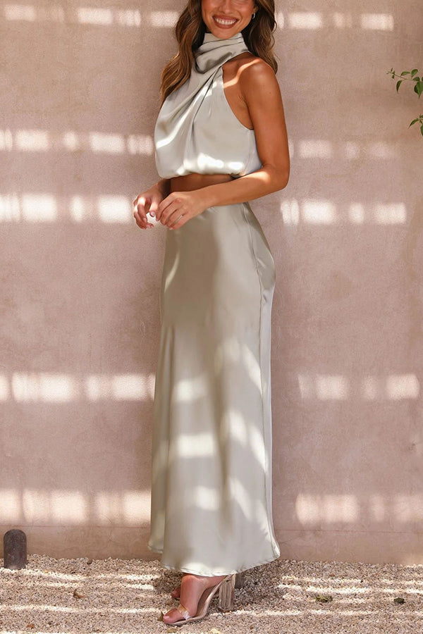 Skirt and Top Set | High Neck | Maxi Skirt | Satin Co-Ord | Women's Two-Piece Set-Grace Aura