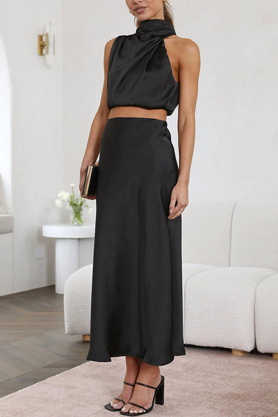 Skirt and Top Set | High Neck | Maxi Skirt | Satin Co-Ord | Women's Two-Piece Set-Grace Aura