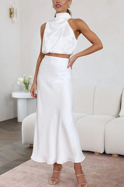 Skirt and Top Set | High Neck | Maxi Skirt | Satin Co-Ord | Women's Two-Piece Set-Grace Aura