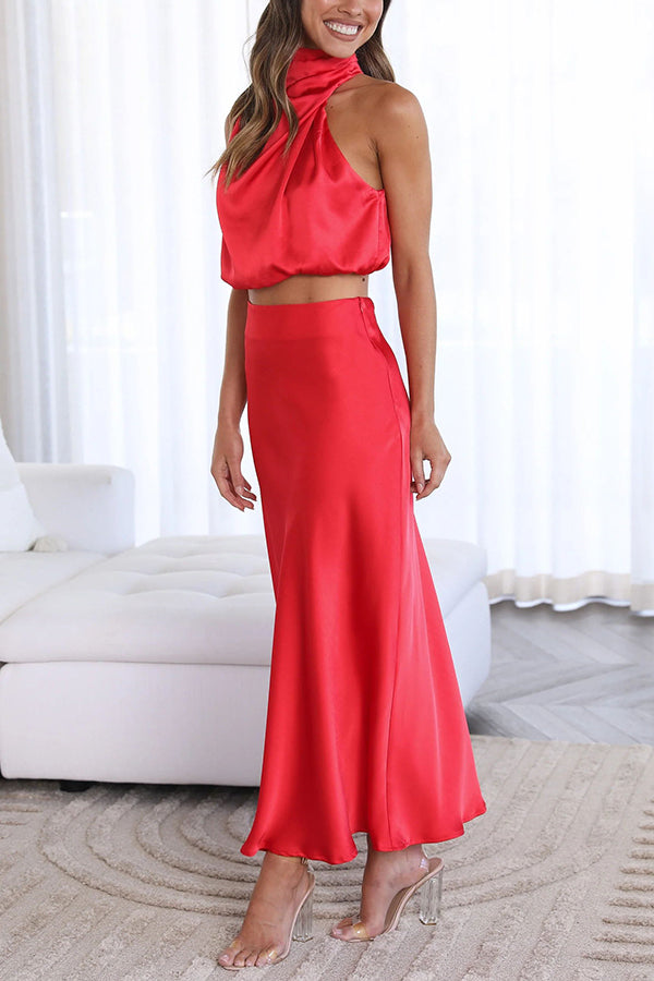 Skirt and Top Set | High Neck | Maxi Skirt | Satin Co-Ord | Women's Two-Piece Set-Grace Aura