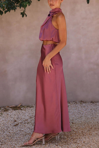 Skirt and Top Set | High Neck | Maxi Skirt | Satin Co-Ord | Women's Two-Piece Set-Grace Aura