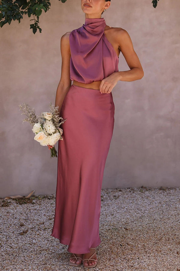 Skirt and Top Set | High Neck | Maxi Skirt | Satin Co-Ord | Women's Two-Piece Set-Grace Aura