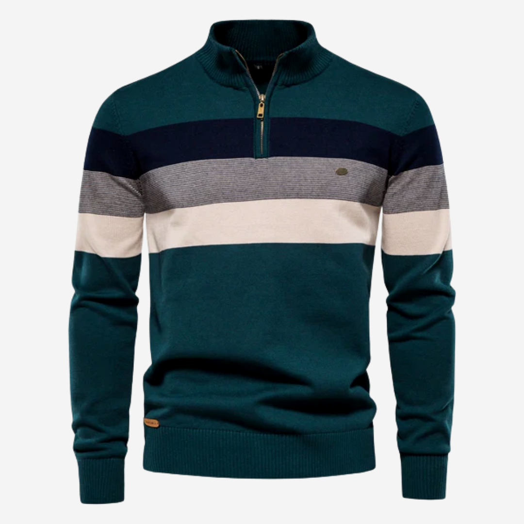 Quarter-Zip Jumper - Men's Striped Retro Knitted Pullover Sweater