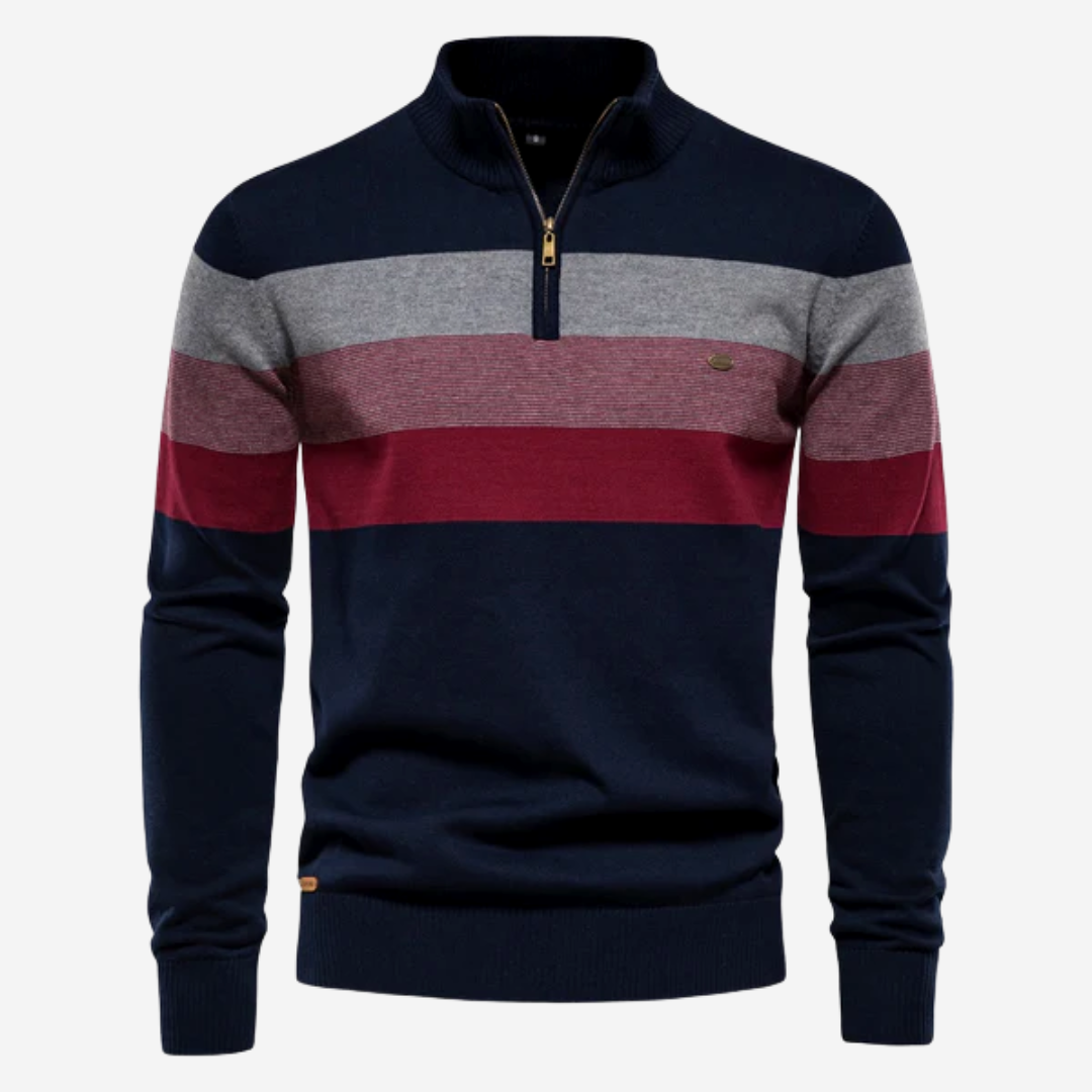 Quarter-Zip Jumper - Men's Striped Retro Knitted Pullover Sweater
