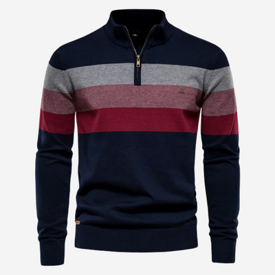 Quarter-Zip Jumper - Men's Striped Retro Knitted Pullover Sweater
