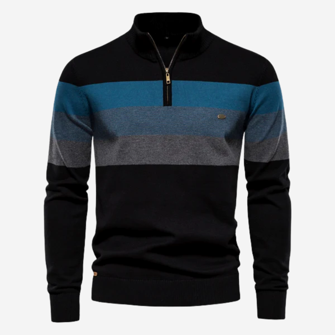 Quarter-Zip Jumper - Men's Striped Retro Knitted Pullover Sweater