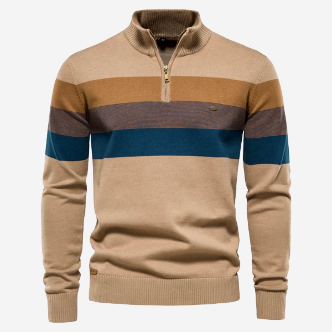 Quarter-Zip Jumper - Men's Striped Retro Knitted Pullover Sweater