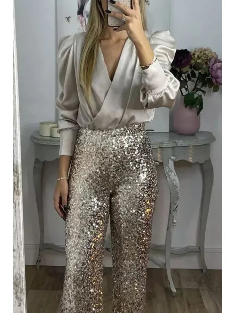 Sparkle Pants | Glitter | Flared | Party Trousers | Sequin Pants Ladies-Grace Aura