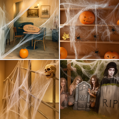 Spider Web with Spiders - White - Fake Spider Web - Halloween Spider Web - Halloween Decoration-Grace Aura