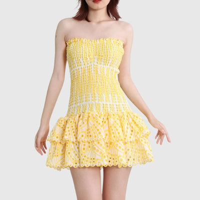 Strapless Dress - Shirred - Ruffle - Mini Dress - Summer Dress-Grace Aura