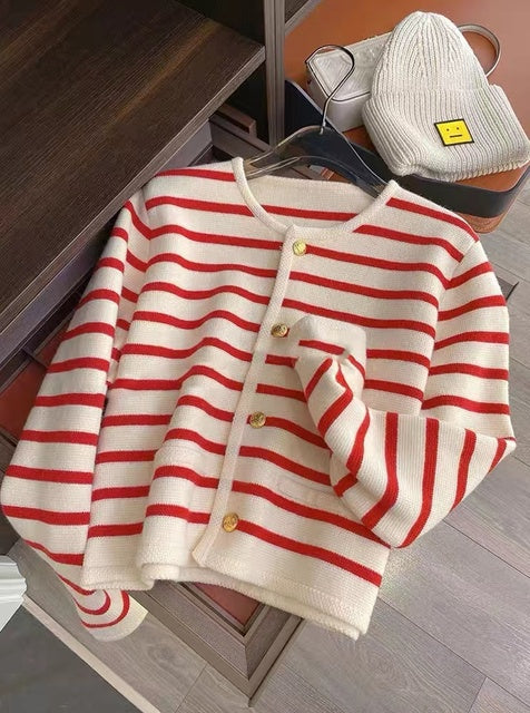 Striped Cardigan | Loose Fit | Crew Neck | Button-Up Cardigan | Women's Knitwear-Grace Aura