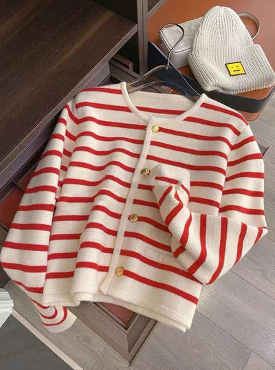 Striped Cardigan | Loose Fit | Crew Neck | Button-Up Cardigan | Women's Knitwear-Grace Aura