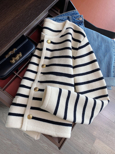 Striped Cardigan | Loose Fit | Crew Neck | Button-Up Cardigan | Women's Knitwear-Grace Aura