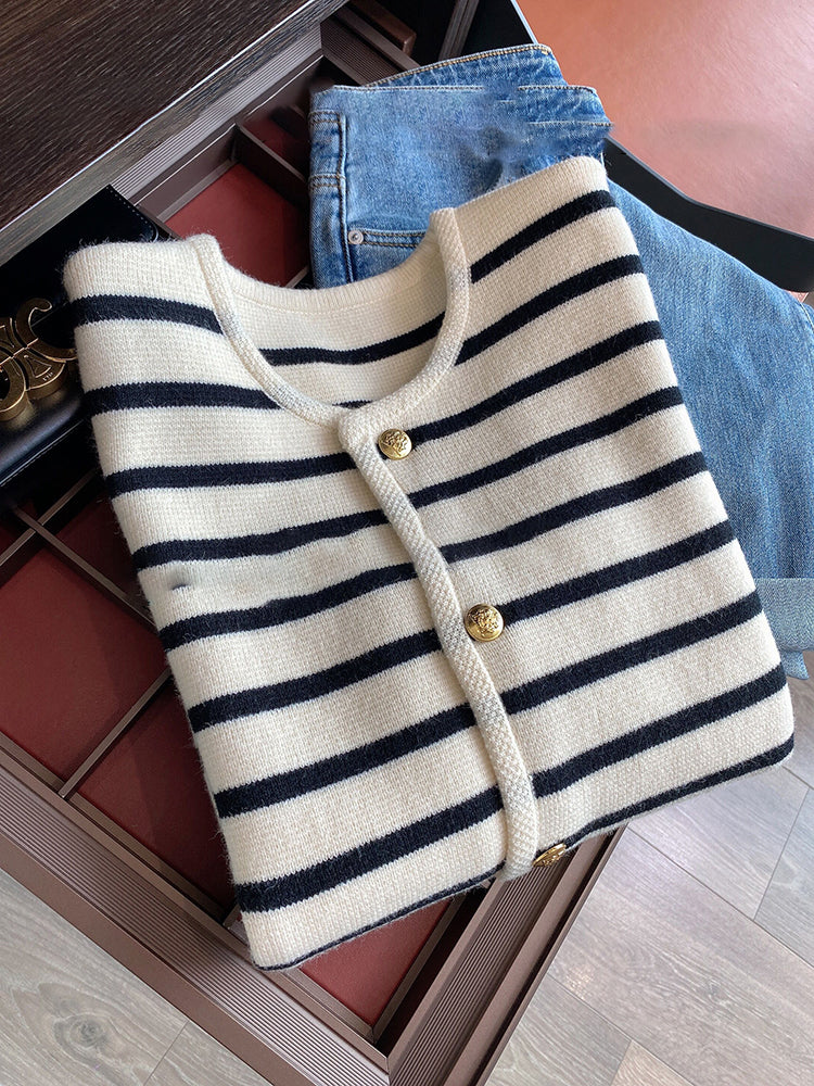 Striped Cardigan | Loose Fit | Crew Neck | Button-Up Cardigan | Women's Knitwear-Grace Aura