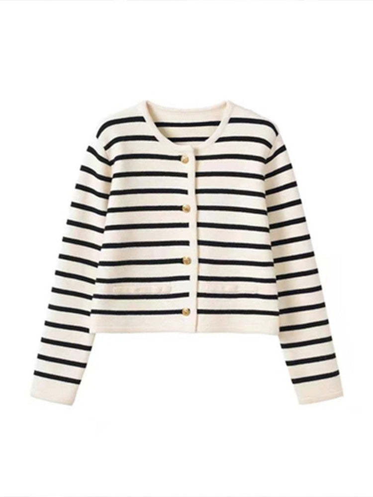 Striped Cardigan | Loose Fit | Crew Neck | Button-Up Cardigan | Women's Knitwear-Grace Aura