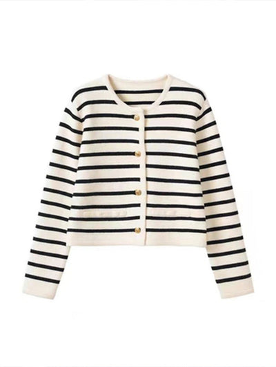 Striped Cardigan | Loose Fit | Crew Neck | Button-Up Cardigan | Women's Knitwear-Grace Aura