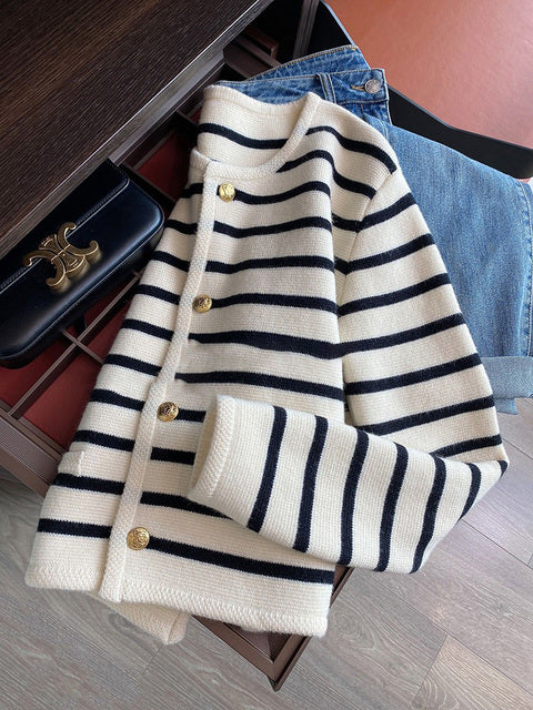 Striped Cardigan | Loose Fit | Crew Neck | Button-Up Cardigan | Women's Knitwear-Grace Aura