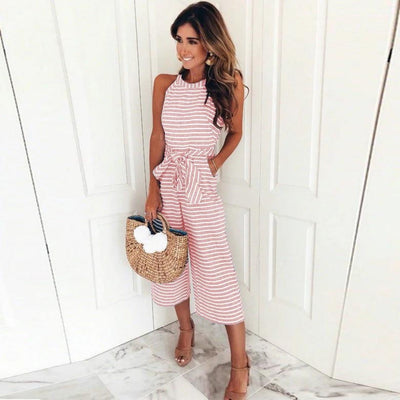 Striped Jumpsuit - Sleeveless - Tie Waist - Summer Jumpsuit - Women's Clothing-Grace Aura