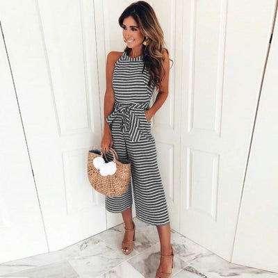 Striped Jumpsuit - Sleeveless - Tie Waist - Summer Jumpsuit - Women's Clothing-Grace Aura