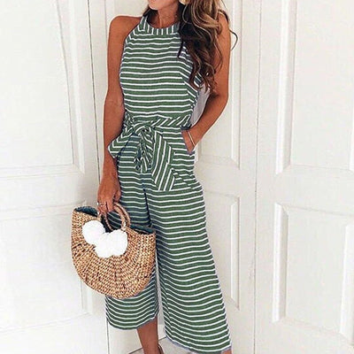 Striped Jumpsuit - Sleeveless - Tie Waist - Summer Jumpsuit - Women's Clothing-Grace Aura