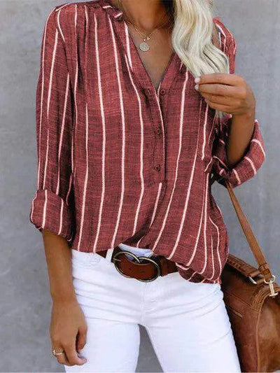 Striped Shirt | Long Sleeve | Loose Fit | Button-Up Blouse | Women's Shirts-Grace Aura