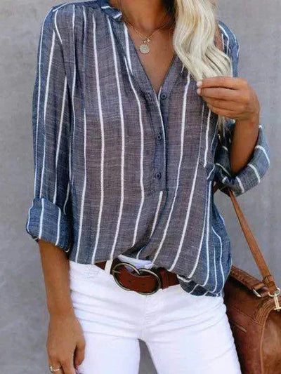 Striped Shirt | Long Sleeve | Loose Fit | Button-Up Blouse | Women's Shirts-Grace Aura