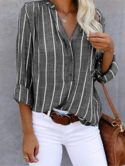 Striped Shirt | Long Sleeve | Loose Fit | Button-Up Blouse | Women's Shirts-Grace Aura