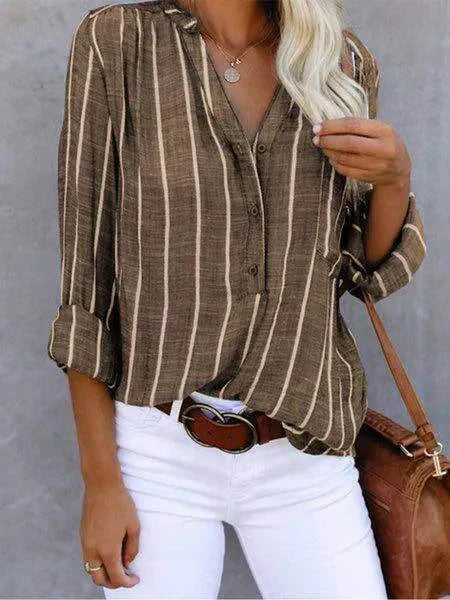 Striped Shirt | Long Sleeve | Loose Fit | Button-Up Blouse | Women's Shirts-Grace Aura