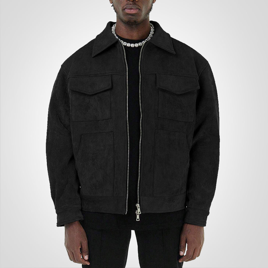 Suede Jacket - Men's Short Zip-Up Autumn Jacket with Pockets-Grace Aura