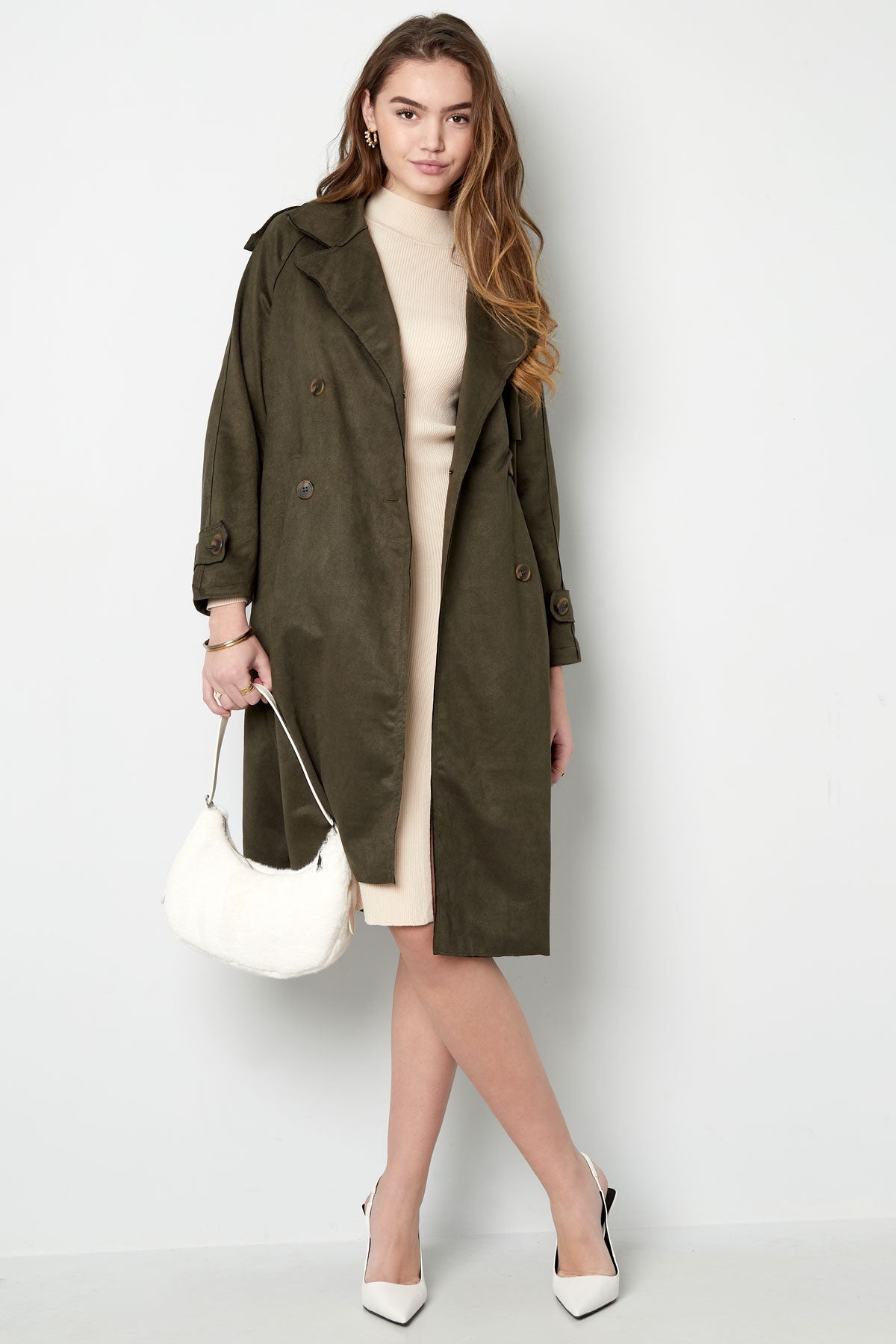 Suede Trench Coat | Mid Length | Autumn | Double Breasted Trench Coat | Women's Trench Coat-Grace Aura