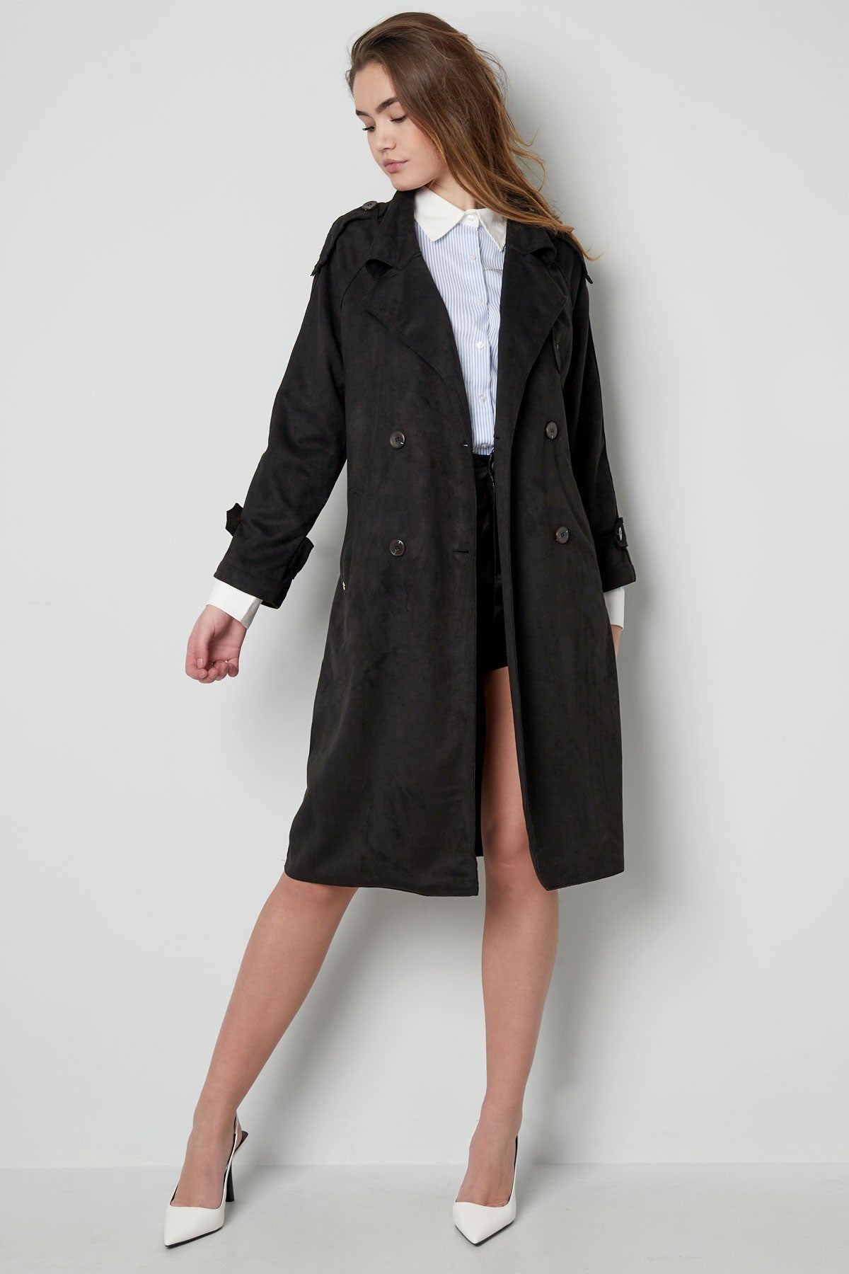 Suede Trench Coat | Mid Length | Autumn | Double Breasted Trench Coat | Women's Trench Coat-Grace Aura