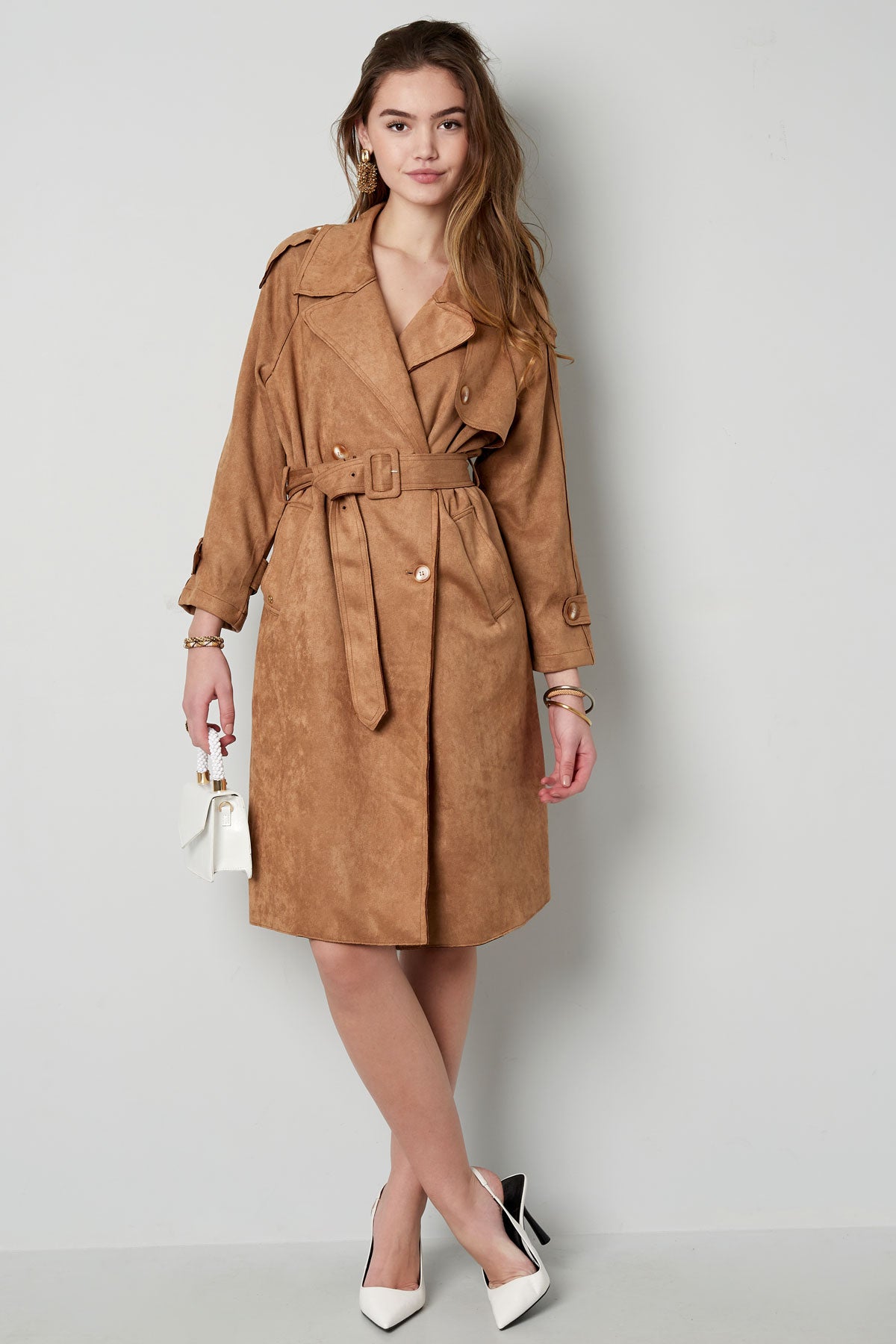 Suede Trench Coat | Mid Length | Autumn | Double Breasted Trench Coat | Women's Trench Coat-Grace Aura