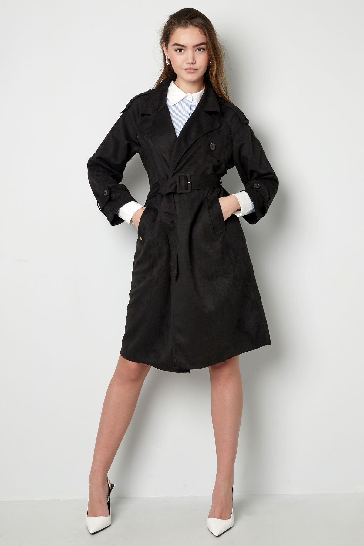 Suede Trench Coat | Mid Length | Autumn | Double Breasted Trench Coat | Women's Trench Coat-Grace Aura