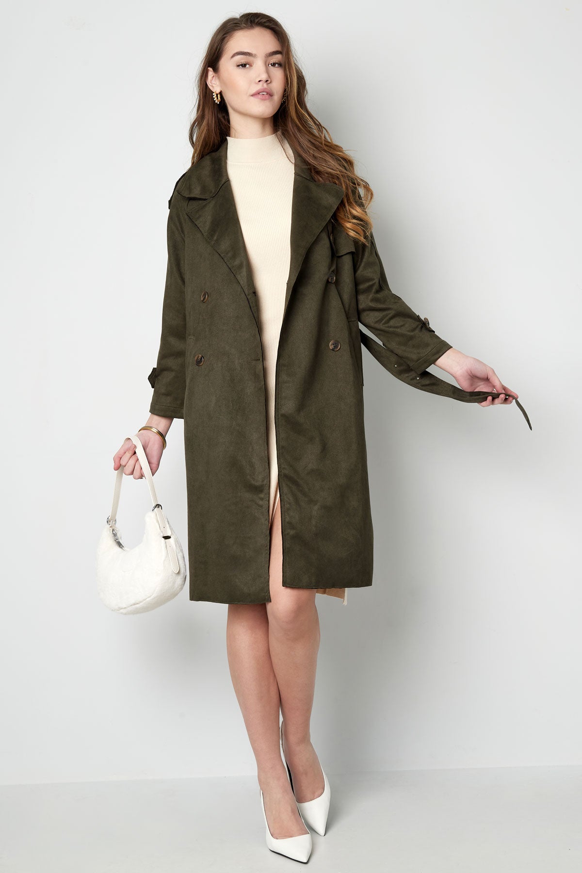 Suede Trench Coat | Mid Length | Autumn | Double Breasted Trench Coat | Women's Trench Coat-Grace Aura