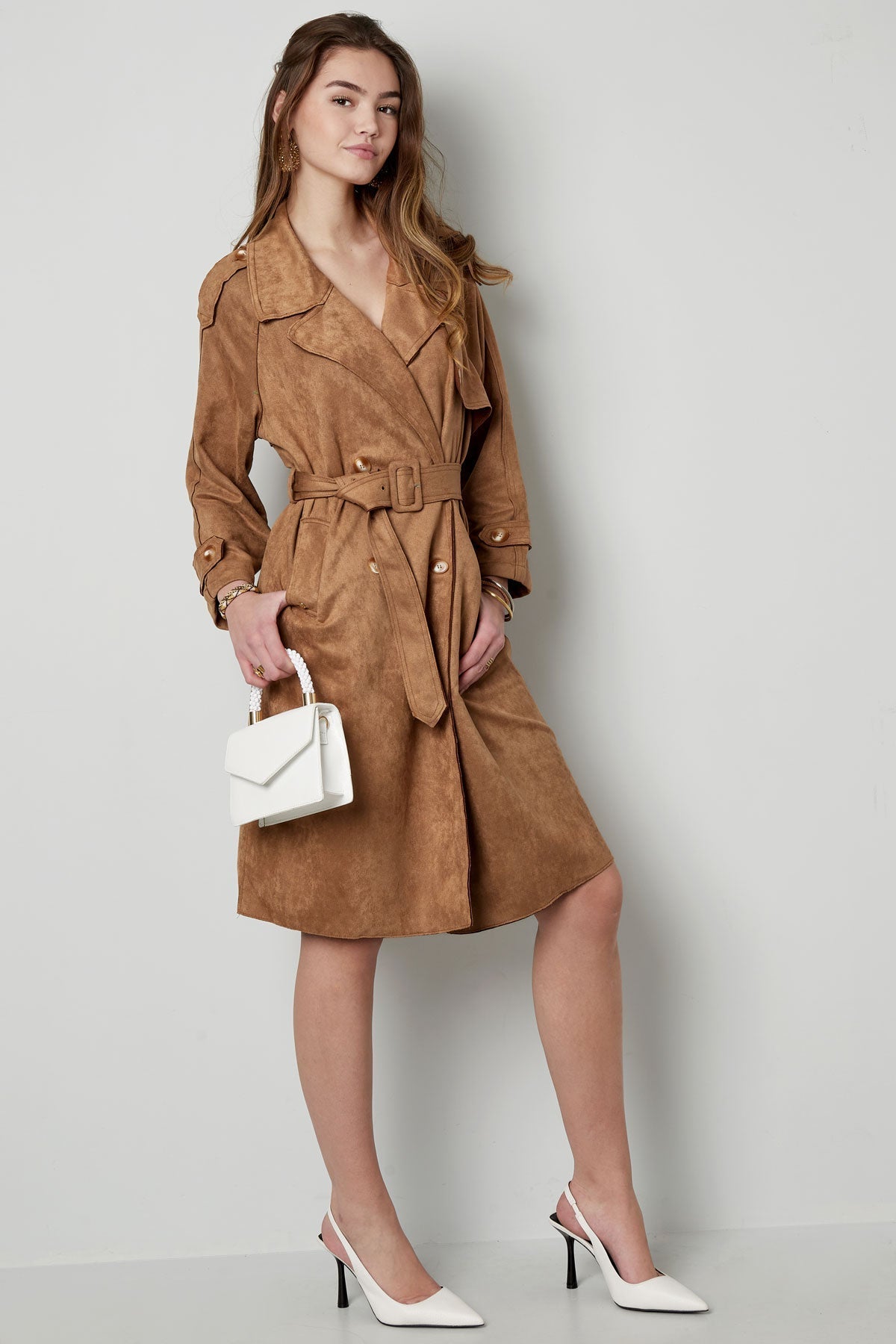 Suede Trench Coat | Mid Length | Autumn | Double Breasted Trench Coat | Women's Trench Coat-Grace Aura