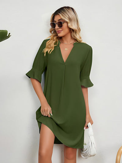 Summer Dress - Half Sleeve - Loose Fit - V-Neck Dress - Short Dress-Grace Aura