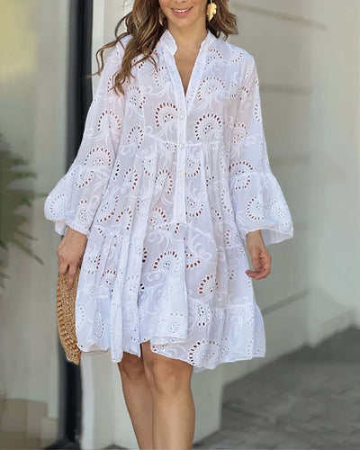Summer Dress - Long Sleeve - Knee Length - Eyelet Dress - Loose Fit Dress-Grace Aura