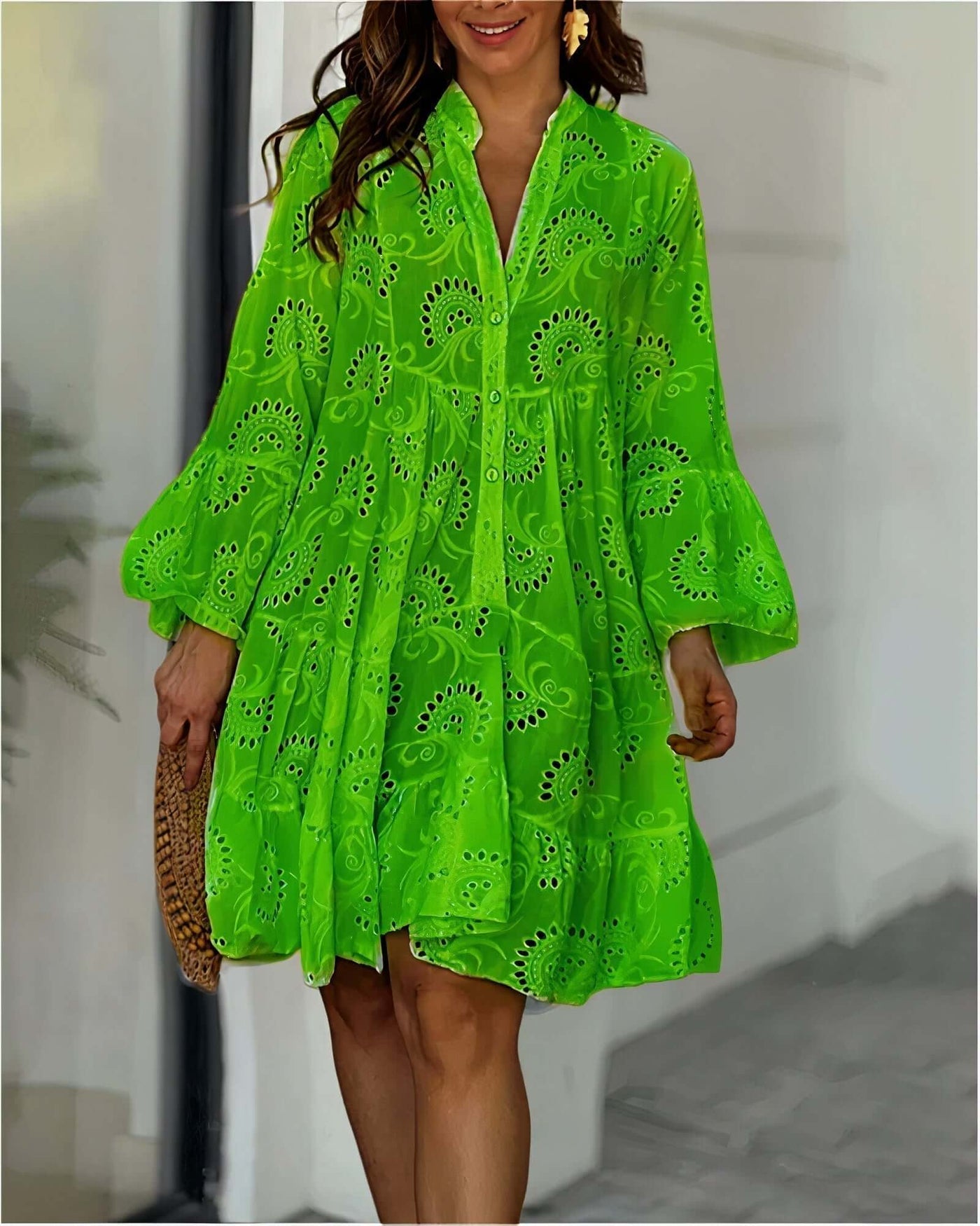 Summer Dress - Long Sleeve - Knee Length - Eyelet Dress - Loose Fit Dress-Grace Aura