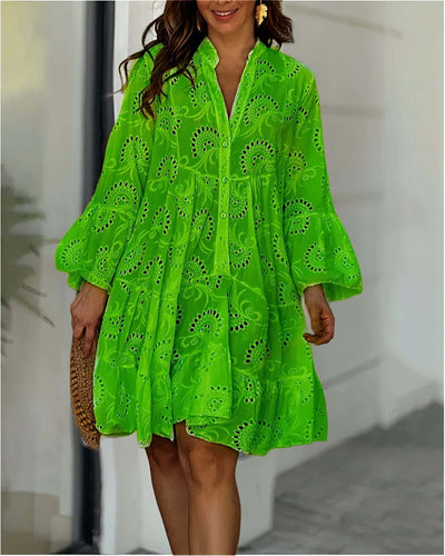 Summer Dress - Long Sleeve - Knee Length - Eyelet Dress - Loose Fit Dress-Grace Aura