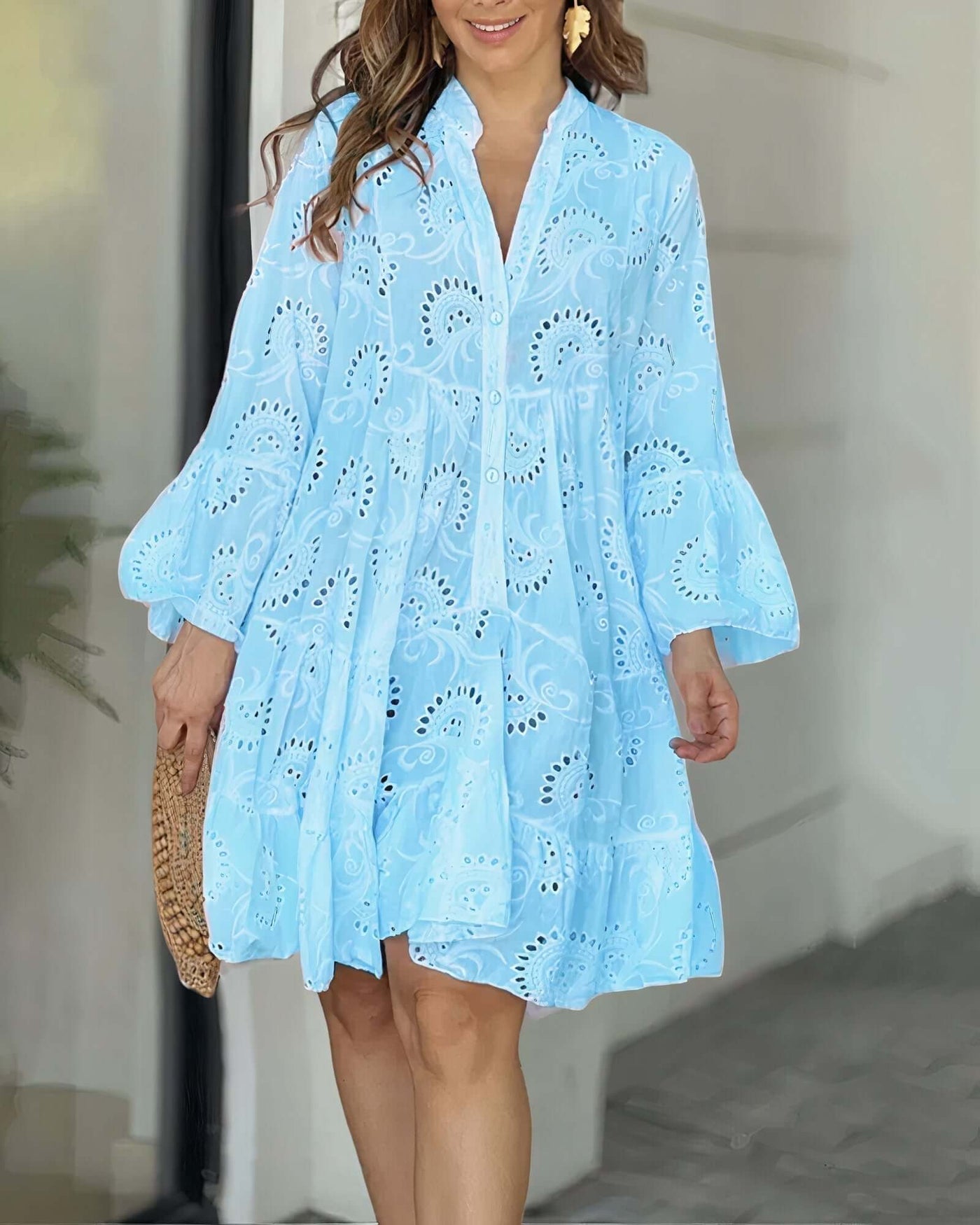Summer Dress - Long Sleeve - Knee Length - Eyelet Dress - Loose Fit Dress-Grace Aura