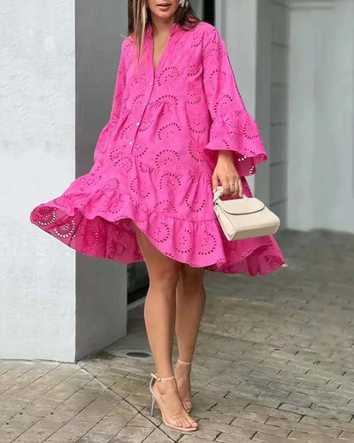 Summer Dress - Long Sleeve - Knee Length - Eyelet Dress - Loose Fit Dress-Grace Aura