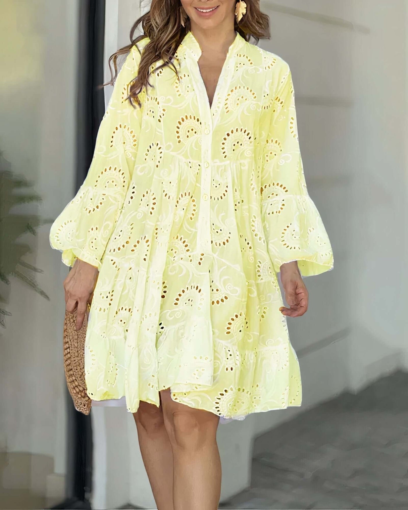 Summer Dress - Long Sleeve - Knee Length - Eyelet Dress - Loose Fit Dress-Grace Aura