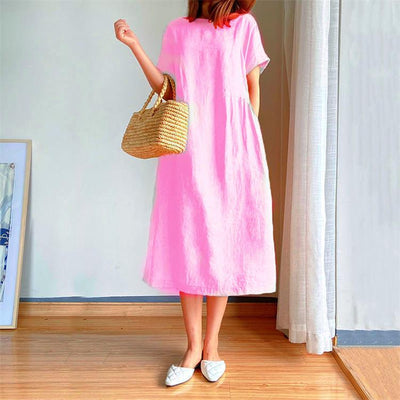 Summer Dress | Short Sleeve | Loose Fit | Midi Dress | Linen Dress-Grace Aura