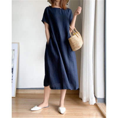 Summer Dress | Short Sleeve | Loose Fit | Midi Dress | Linen Dress-Grace Aura