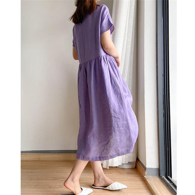 Summer Dress | Short Sleeve | Loose Fit | Midi Dress | Linen Dress-Grace Aura