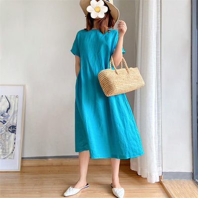 Summer Dress | Short Sleeve | Loose Fit | Midi Dress | Linen Dress-Grace Aura