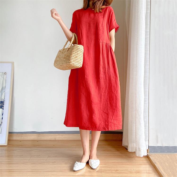 Summer Dress | Short Sleeve | Loose Fit | Midi Dress | Linen Dress-Grace Aura