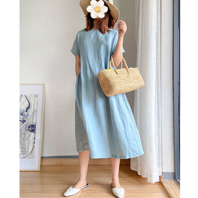 Summer Dress | Short Sleeve | Loose Fit | Midi Dress | Linen Dress-Grace Aura