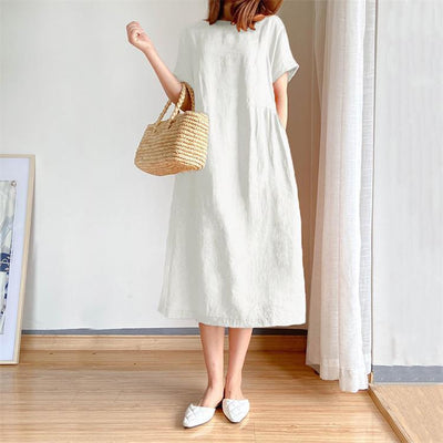 Summer Dress | Short Sleeve | Loose Fit | Midi Dress | Linen Dress-Grace Aura